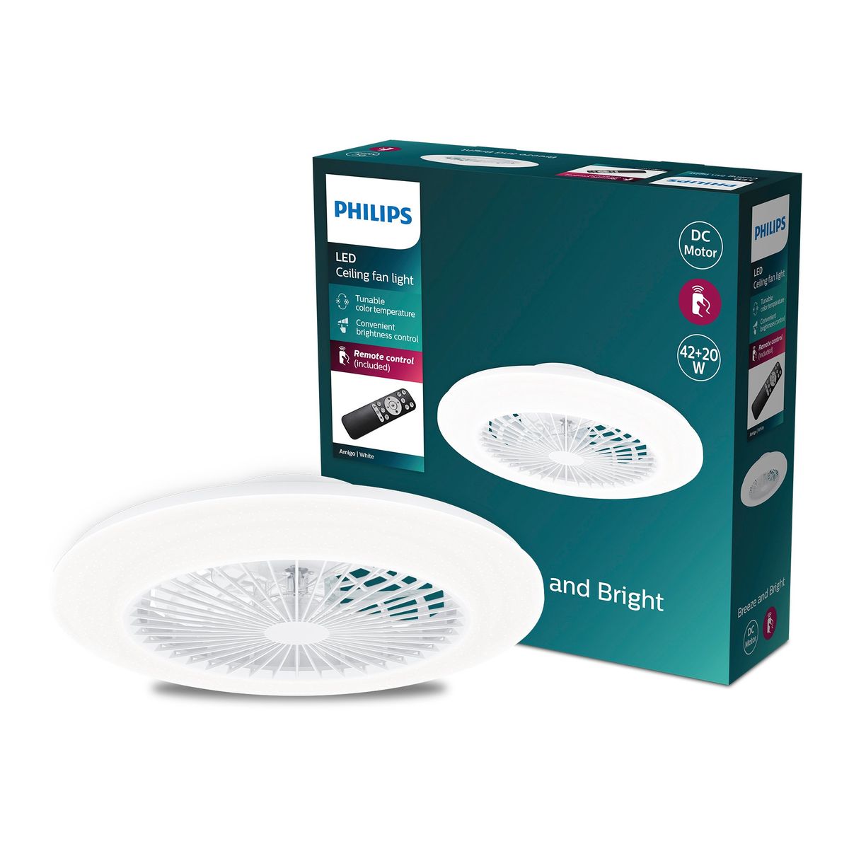 Philips - Amigo Płaski wentylator sufitowy IR RD 25W+60W WH