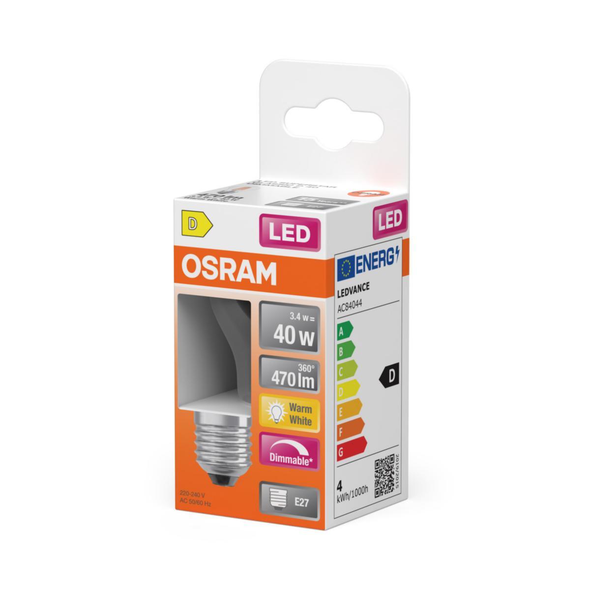 ŻARÓWKA LED OSRAM OKRĄGŁA PRZEŹROCZYSTA (40) E27 ŚCIEMNIANA | 3,4 W